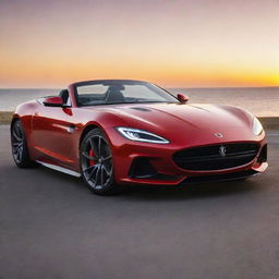 A luxury sports car with a sleek design and gleaming red paint, parked against a sunset backdrop.