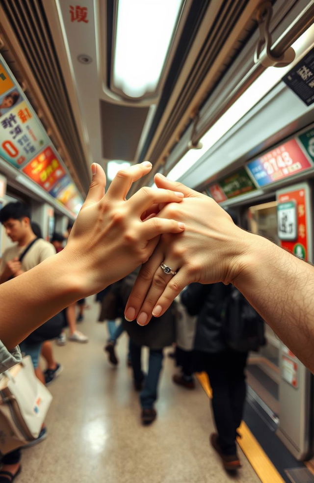 A scene set in a busy Tokyo subway, featuring two hands intertwined in a love chain