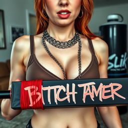 A close-up shot focusing on the chest and torso of a sexy female redhead, wearing a tank top adorned with punk chains, highlighting her large chest and cleavage