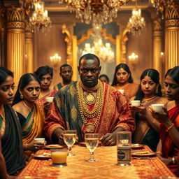 An angry African man in vibrant traditional attire, adorned with numerous glimmering gold chains, sits assertively at a lavish dining table