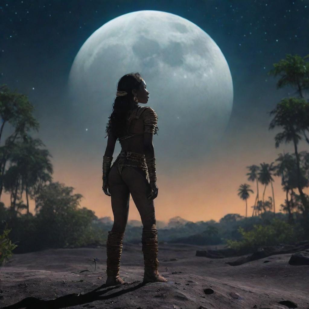 A jungle tribeswoman standing on the moon's surface with jungle attire, her silhouette against the cosmic backdrop, Earth seen in the far distance.