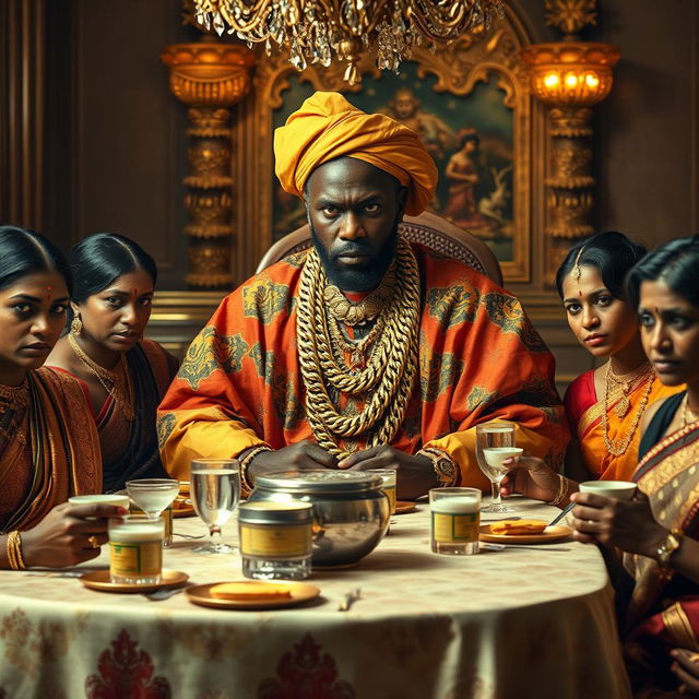 An angry African man in vibrant traditional attire, adorned with numerous glimmering gold chains, sits assertively at a lavish dining table