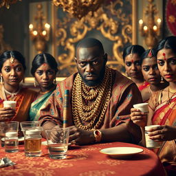 An angry African man in vibrant traditional attire, adorned with numerous glimmering gold chains, sits assertively at a lavish dining table