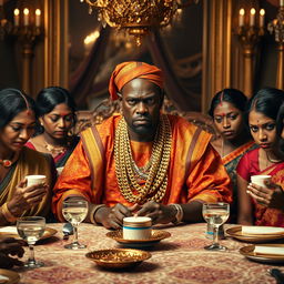 An angry African man in vibrant traditional attire, adorned with numerous glimmering gold chains, sits assertively at a lavish dining table