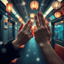 A dreamy scene in a Tokyo subway, capturing two hands intertwined in a love chain, enhancing the fantasy and romance of the moment