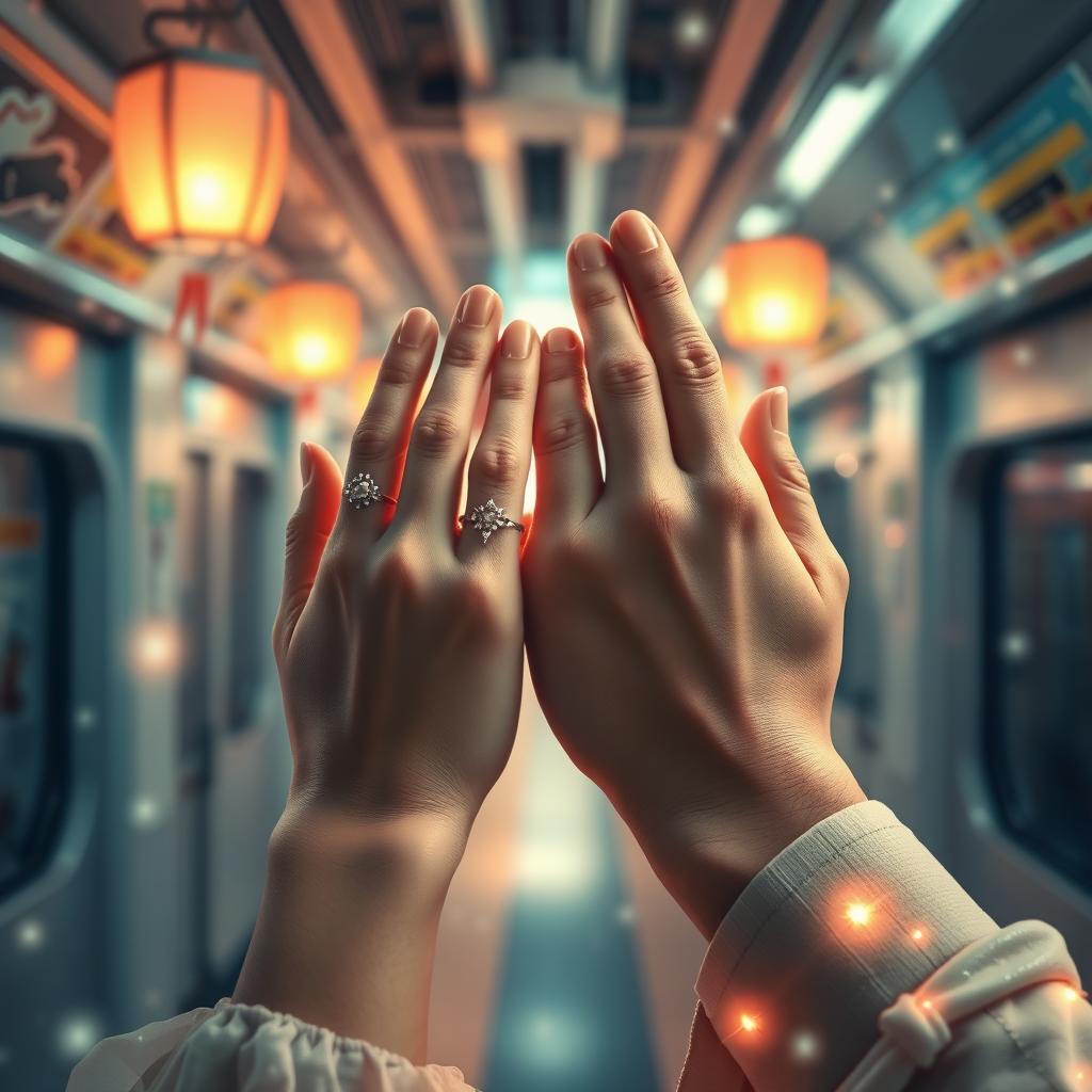 A dreamy scene in a Tokyo subway, capturing two hands intertwined in a love chain, enhancing the fantasy and romance of the moment