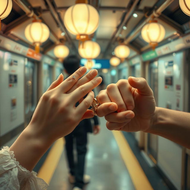 A dreamy scene in a Tokyo subway, capturing two hands intertwined in a love chain, enhancing the fantasy and romance of the moment