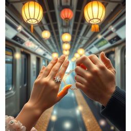 A dreamy scene in a Tokyo subway, capturing two hands intertwined in a love chain, enhancing the fantasy and romance of the moment