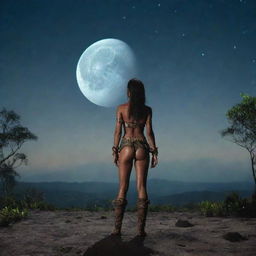 A jungle tribeswoman standing on the moon's surface with jungle attire, her silhouette against the cosmic backdrop, Earth seen in the far distance.