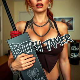 A close-up torso shot of a sexy female redhead wearing a tank top adorned with punk chains, prominently displaying her large chest and cleavage