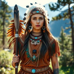 A young Native American woman dressed in a vibrant chief's outfit, adorned with intricate beadwork and feathers