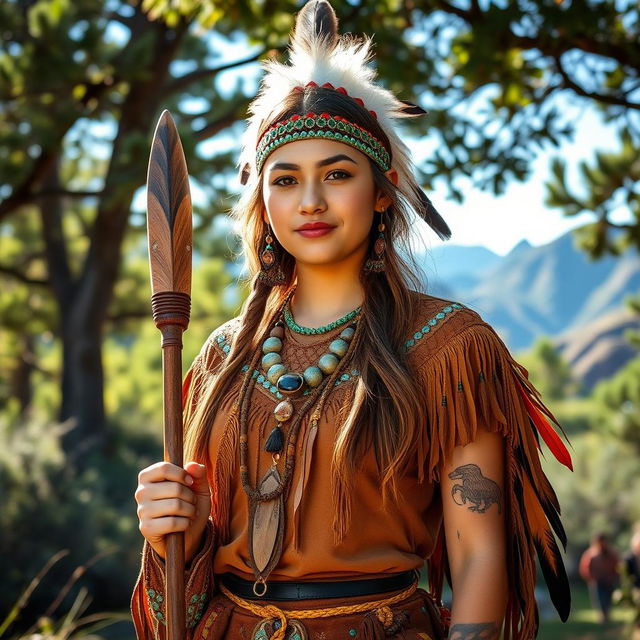 A young Native American woman dressed in a vibrant chief's outfit, adorned with intricate beadwork and feathers