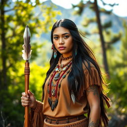 A young Native American woman dressed in a vibrant chief's outfit, adorned with intricate beadwork and feathers