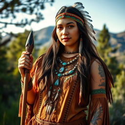A young Native American woman dressed in a vibrant chief's outfit, adorned with intricate beadwork and feathers
