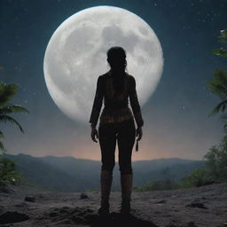 A jungle tribeswoman standing on the moon's surface with jungle attire, her silhouette against the cosmic backdrop, Earth seen in the far distance.