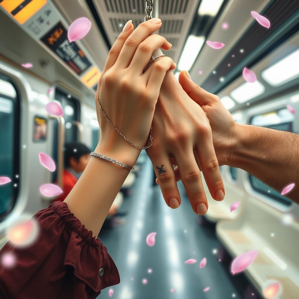 A whimsical scene in a Tokyo subway, showcasing two hands delicately intertwined by a shimmering love chain, symbolizing romance and connection