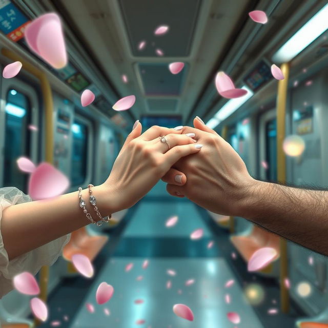 A whimsical scene in a Tokyo subway, showcasing two hands delicately intertwined by a shimmering love chain, symbolizing romance and connection