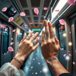 A whimsical scene in a Tokyo subway, showcasing two hands delicately intertwined by a shimmering love chain, symbolizing romance and connection