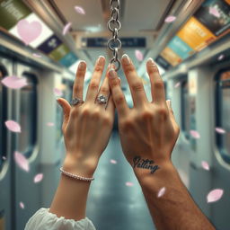 A whimsical scene in a Tokyo subway, showcasing two hands delicately intertwined by a shimmering love chain, symbolizing romance and connection