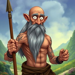 A cartoon depiction of a tanned, shirtless old man with very thin frame and bald head, featuring an extremely long grey beard