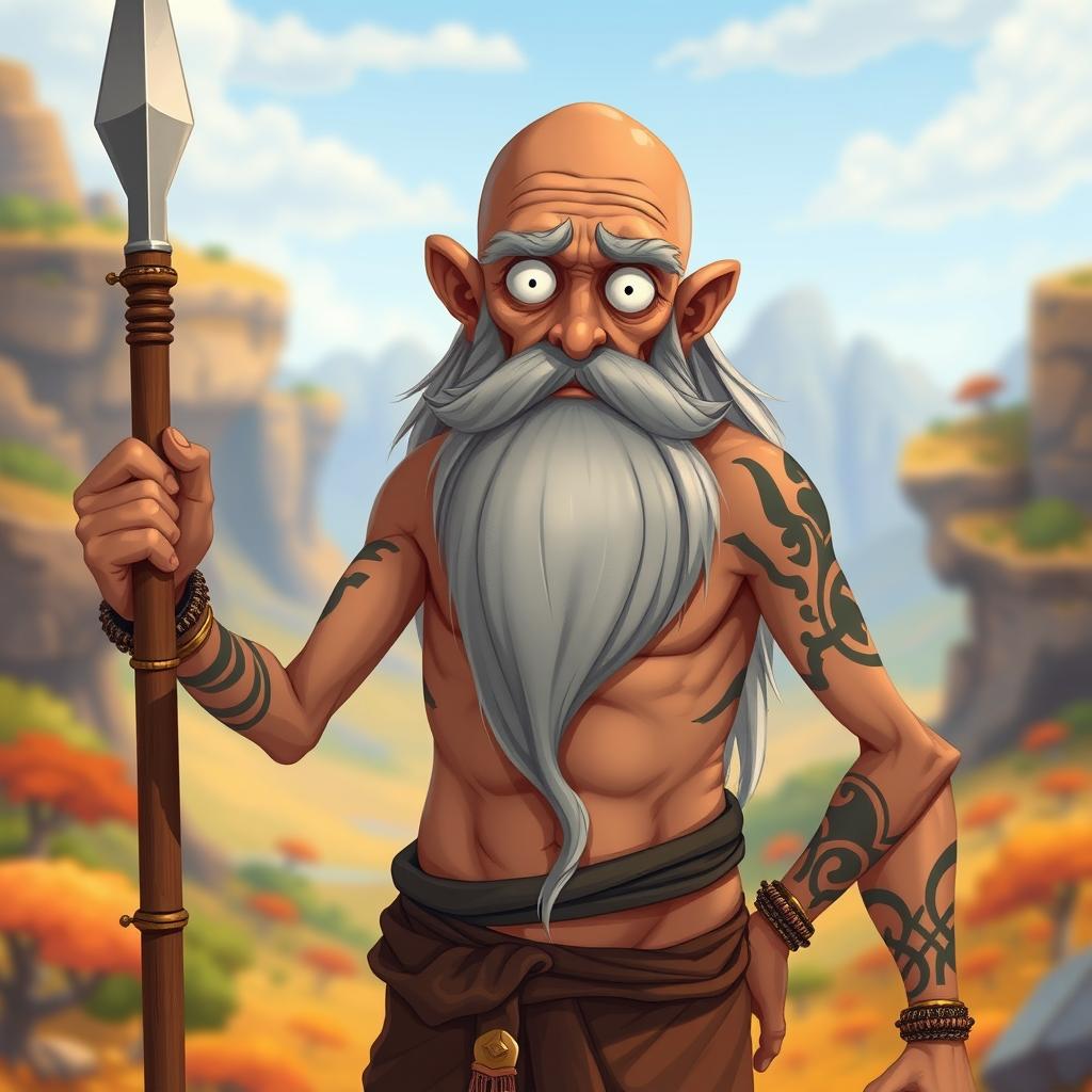 A cartoon depiction of a tanned, shirtless old man with very thin frame and bald head, featuring an extremely long grey beard