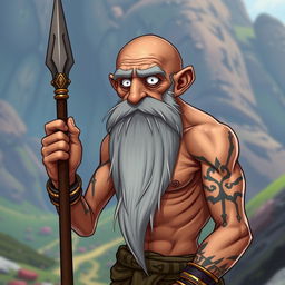 A cartoon depiction of a tanned, shirtless old man with very thin frame and bald head, featuring an extremely long grey beard
