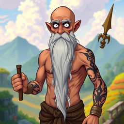 A cartoon depiction of a tanned, shirtless old man with very thin frame and bald head, featuring an extremely long grey beard