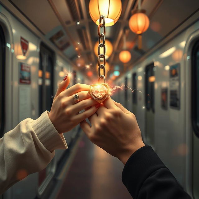 A captivating scene in a Tokyo subway, featuring two hands intertwined by a radiant love chain, symbolizing romantic connection