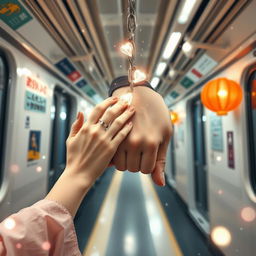 A captivating scene in a Tokyo subway, featuring two hands intertwined by a radiant love chain, symbolizing romantic connection