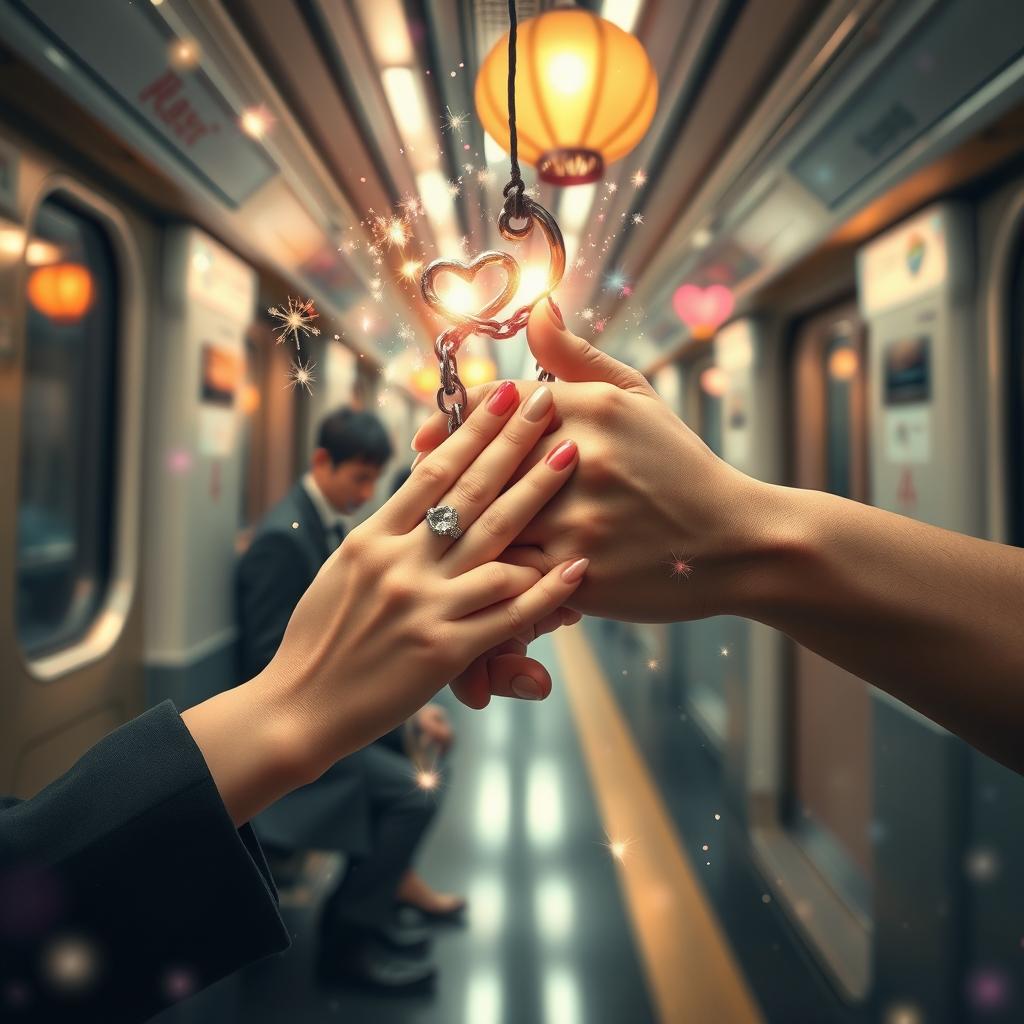 A captivating scene in a Tokyo subway, featuring two hands intertwined by a radiant love chain, symbolizing romantic connection