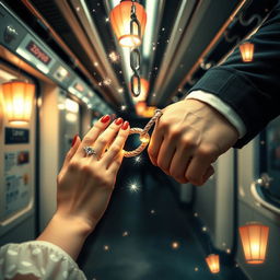 A captivating scene in a Tokyo subway, featuring two hands intertwined by a radiant love chain, symbolizing romantic connection