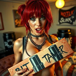 A close-up shot of a sexy redheaded female in a tank top adorned with punk chains, emphasizing her large chest and noticeable cleavage