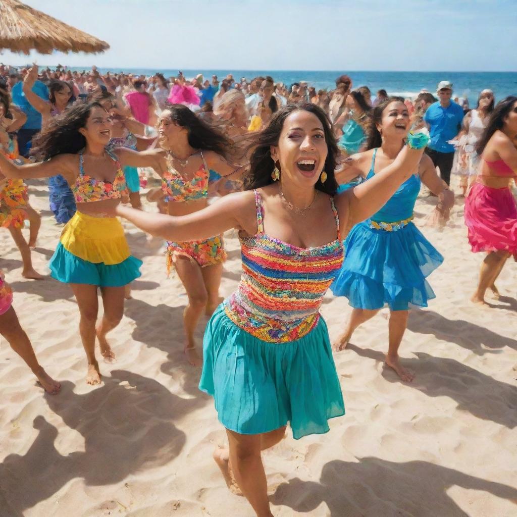 A vibrant Cumbia dancing scene at a beach party. Dancers in colorful outfits moving rhythmically near the sapphire sea under the bright sun, with a lively crowd and festive decor.