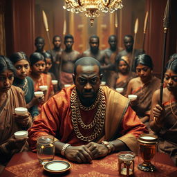 An angry African man in vibrant traditional attire, adorned with numerous gleaming gold chains, sits assertively at an opulent dining table