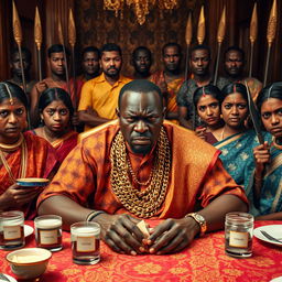 An angry African man in vibrant traditional attire, adorned with numerous gleaming gold chains, sits assertively at an opulent dining table
