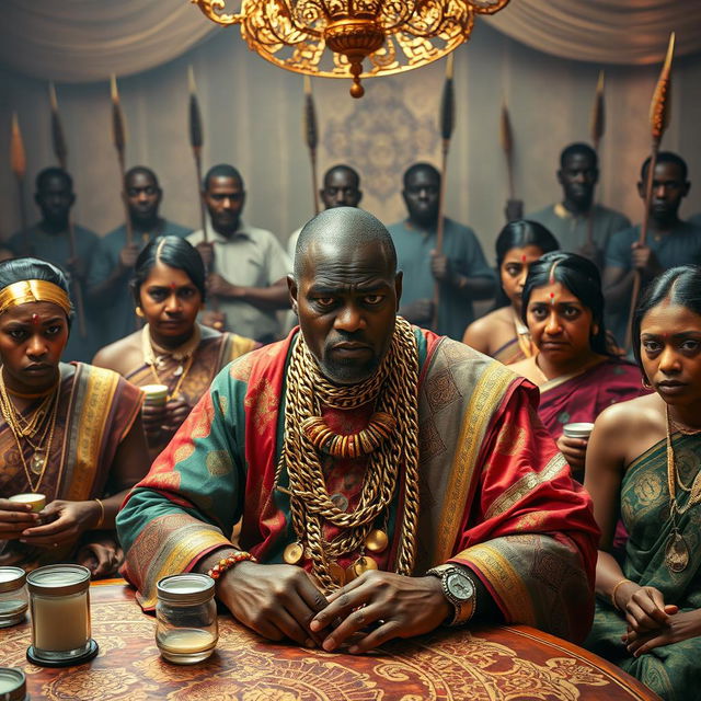 An angry African man in vibrant traditional attire, adorned with numerous gleaming gold chains, sits assertively at an opulent dining table