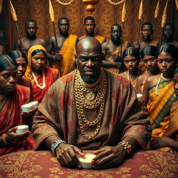 An angry African man in vibrant traditional attire, adorned with numerous gleaming gold chains, sits assertively at an opulent dining table