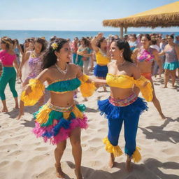 A vibrant Cumbia dancing scene at a beach party. Dancers in colorful outfits moving rhythmically near the sapphire sea under the bright sun, with a lively crowd and festive decor.