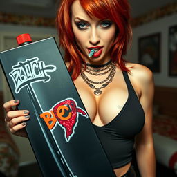 A close-up shot of a sexy female redhead with a large chest and noticeable cleavage, wearing a tank top adorned with punk chains