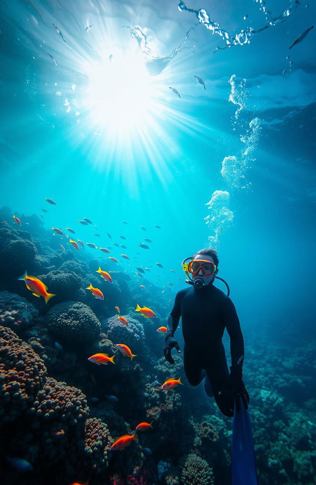 An underwater scene depicting a vibrant coral reef teeming with life