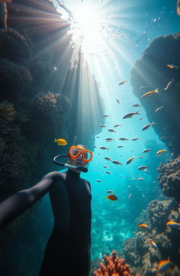 An underwater scene depicting a vibrant coral reef teeming with life