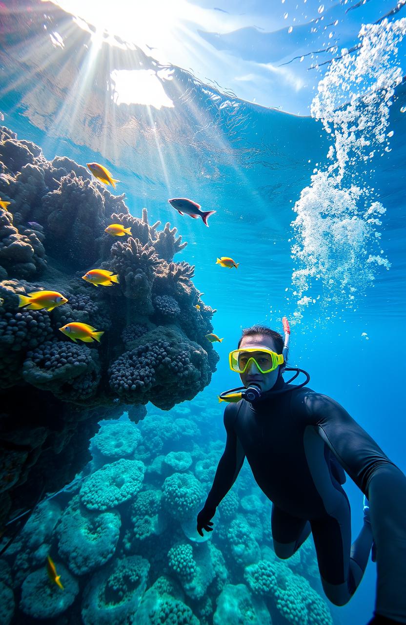 An underwater scene depicting a vibrant coral reef teeming with life