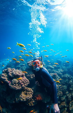 An underwater scene depicting a vibrant coral reef teeming with life