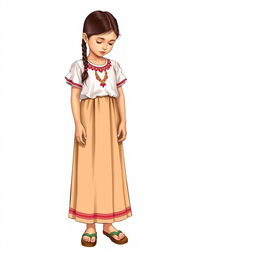 Illustration of a young girl standing facing forward while looking down, with a realistic face in a full body view