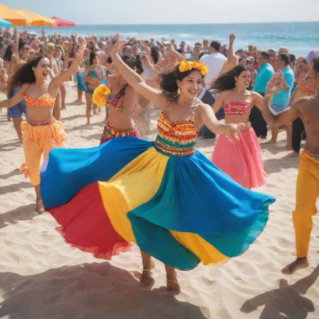 A vibrant Cumbia dancing scene at a beach party. Dancers in colorful outfits moving rhythmically near the sapphire sea under the bright sun, with a lively crowd and festive decor.