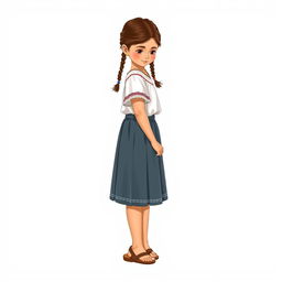 Illustration of a young girl standing facing forward while looking down, with a realistic face in a full body view
