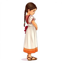 Illustration of a young girl standing facing forward while looking down, with a realistic face in a full body view