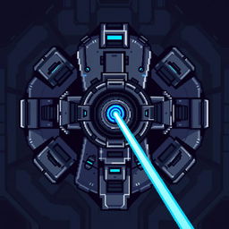 A top-down view of a laser turret designed in pixel art style, featuring a color scheme of gray and blue