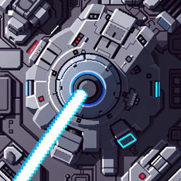 A top-down view of a laser turret designed in pixel art style, featuring a color scheme of gray and blue