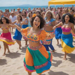 A vibrant Cumbia dancing scene at a beach party. Dancers in colorful outfits moving rhythmically near the sapphire sea under the bright sun, with a lively crowd and festive decor.